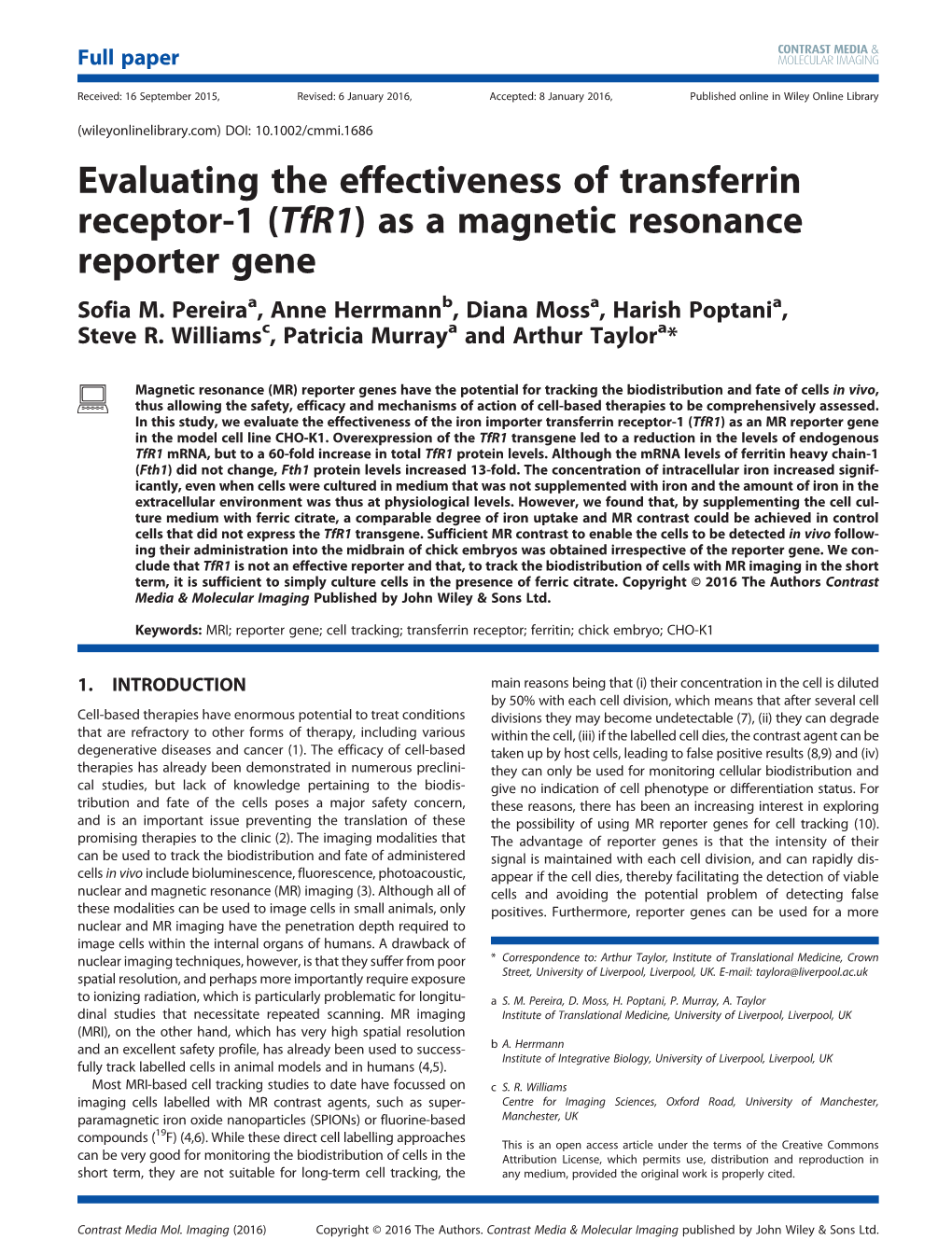 Evaluating the Effectiveness of Transferrin Receptor-1 (Tfr1) As a Magnetic Resonance Reporter Gene Sofia M