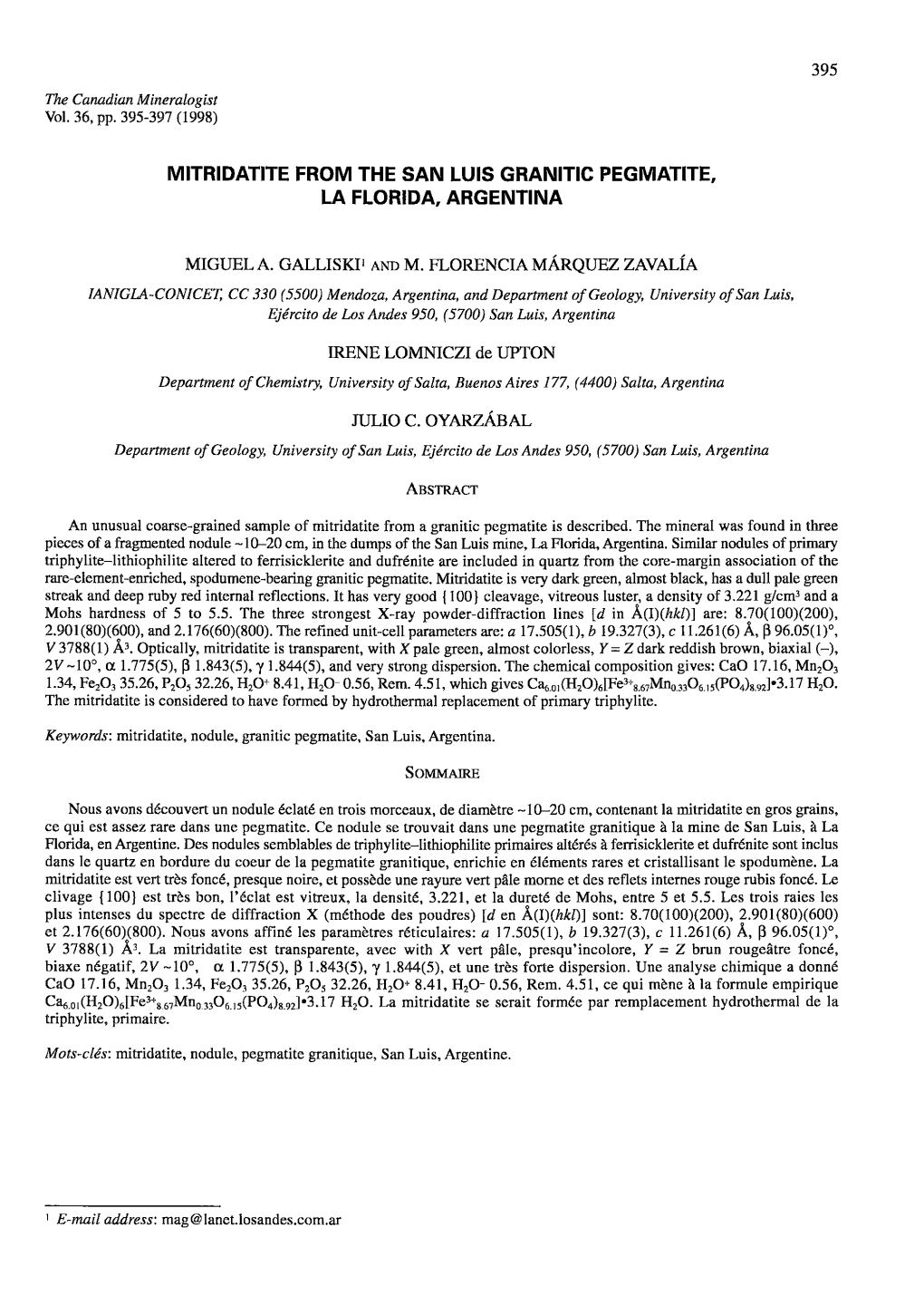 Mitridatite from the San Luis Granitic Pegmatite