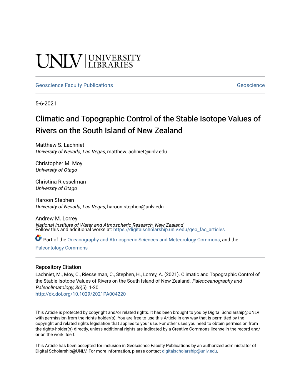 Climatic and Topographic Control of the Stable Isotope Values of Rivers on the South Island of New Zealand