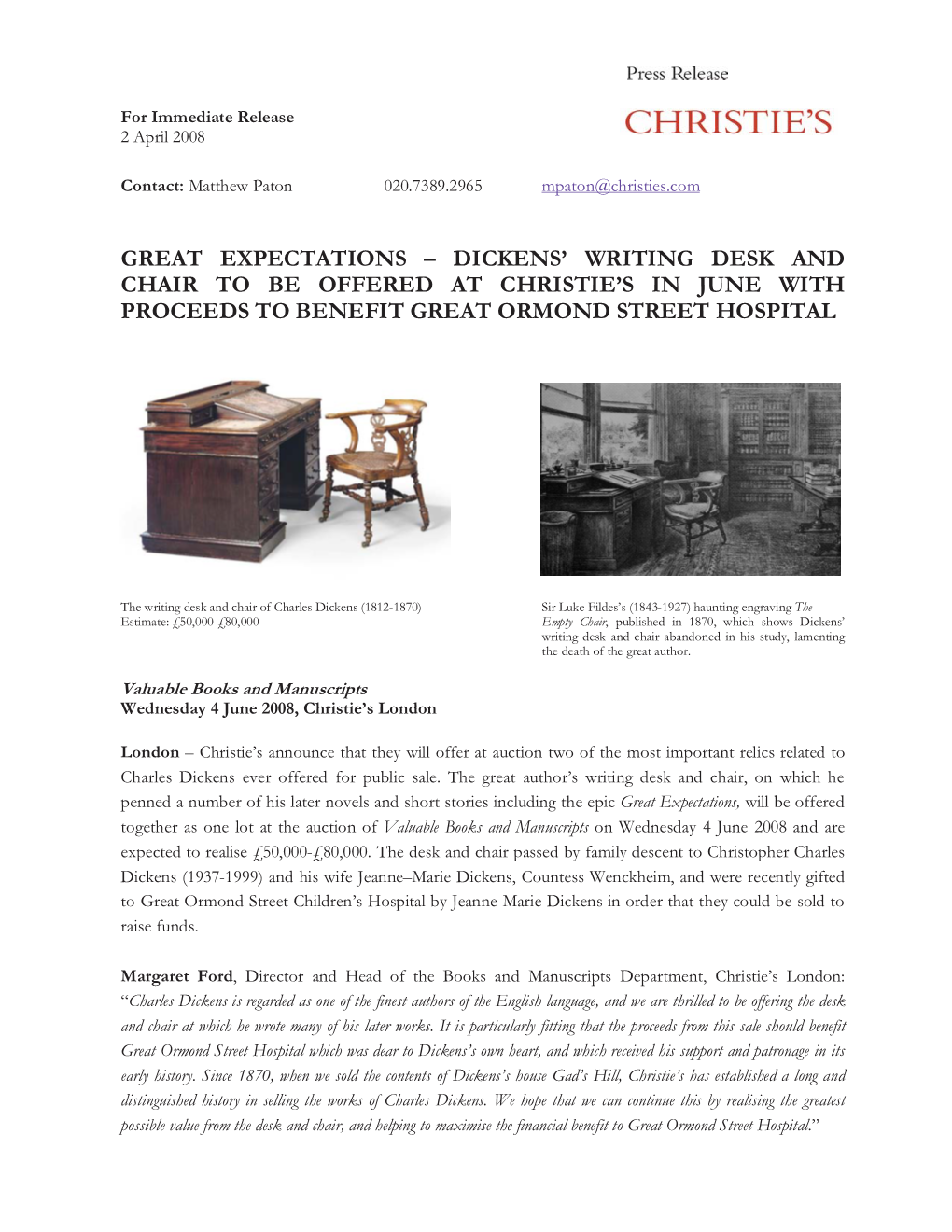 Dickens' Writing Desk and Chair to Be