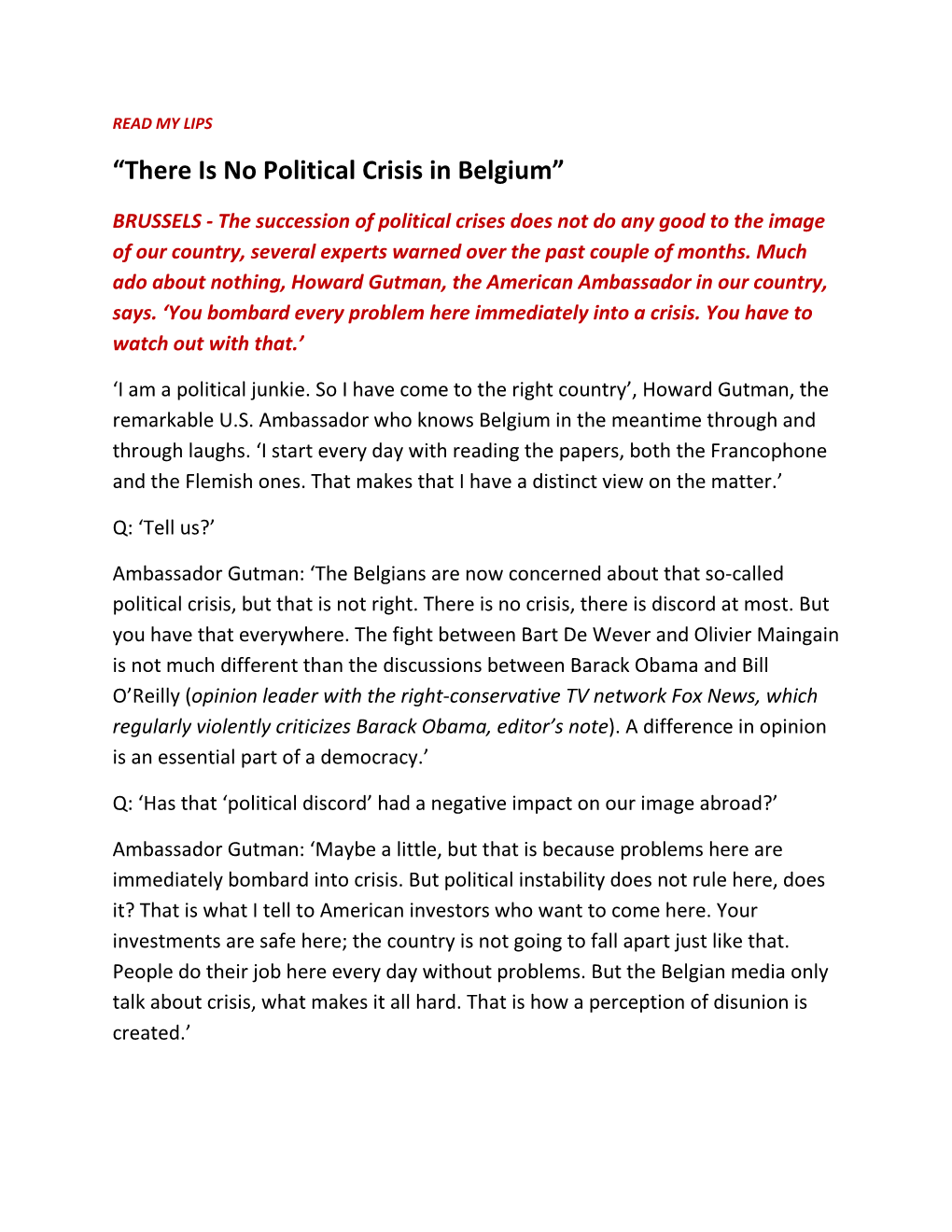 “There Is No Political Crisis in Belgium”