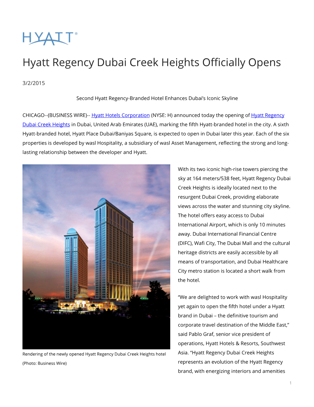 Hyatt Regency Dubai Creek Heights Officially Opens