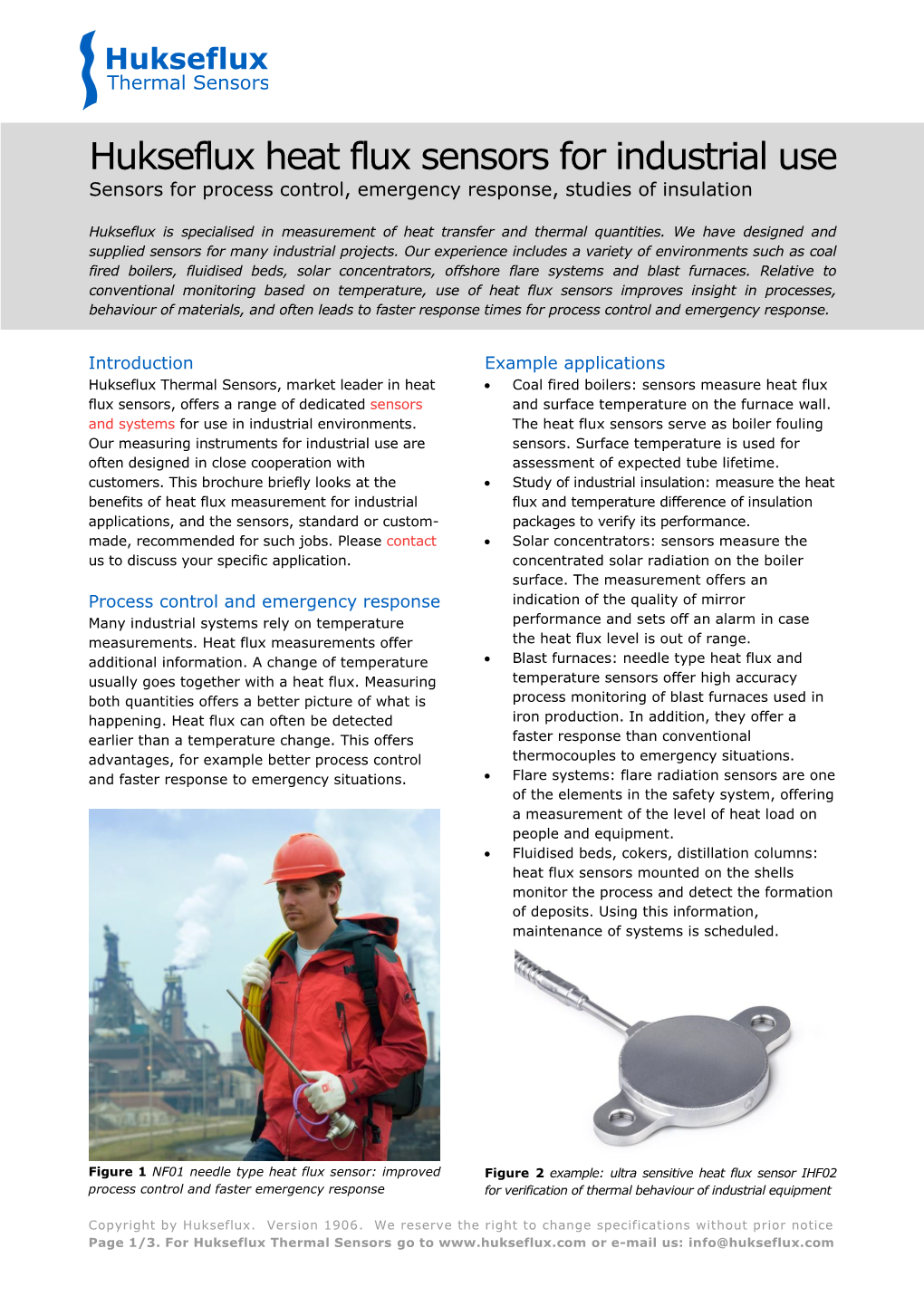 Hukseflux Heat Flux Sensors for Industrial Use Sensors for Process Control, Emergency Response, Studies of Insulation