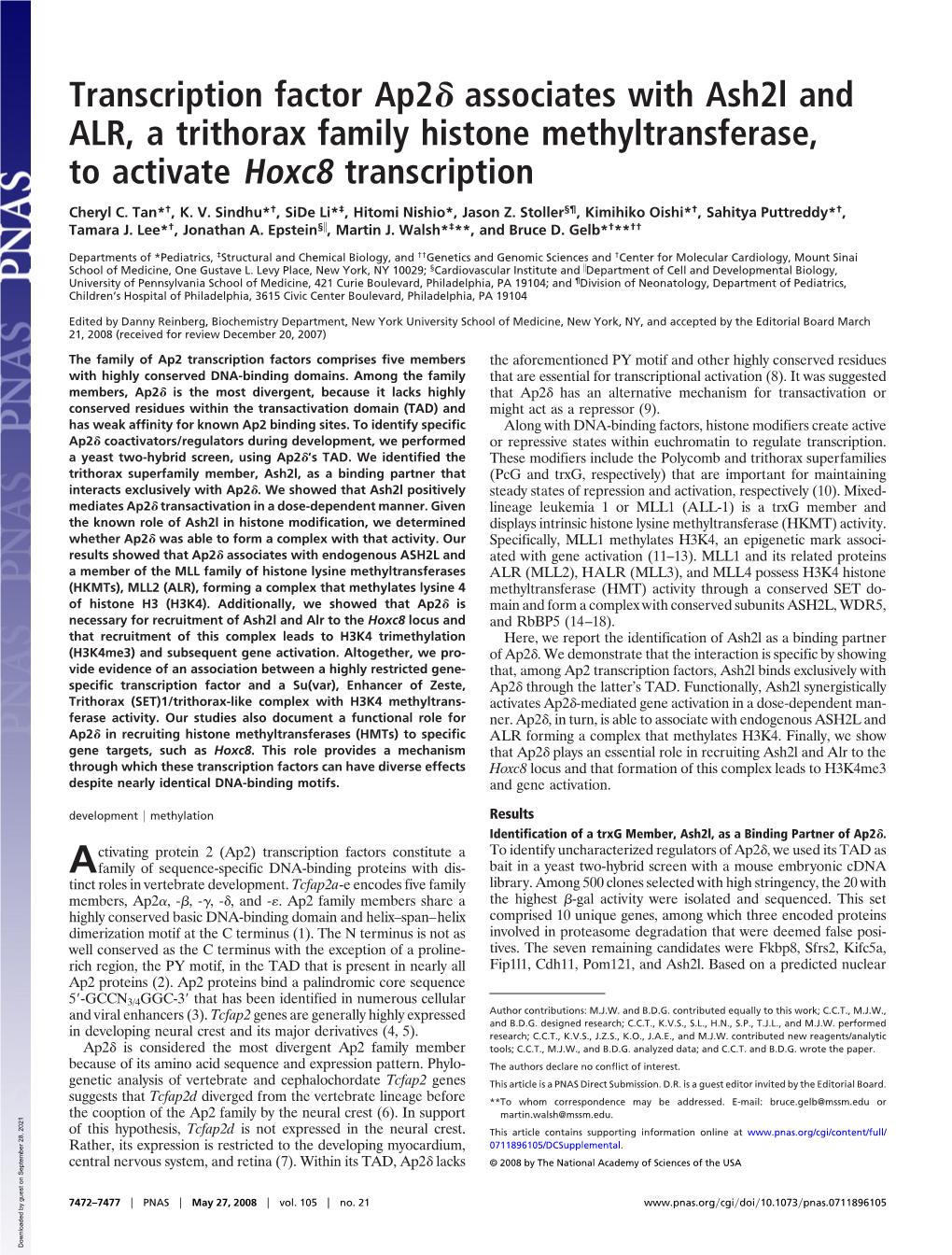 Transcription Factor Ap2 Associates with Ash2l and ALR, a Trithorax