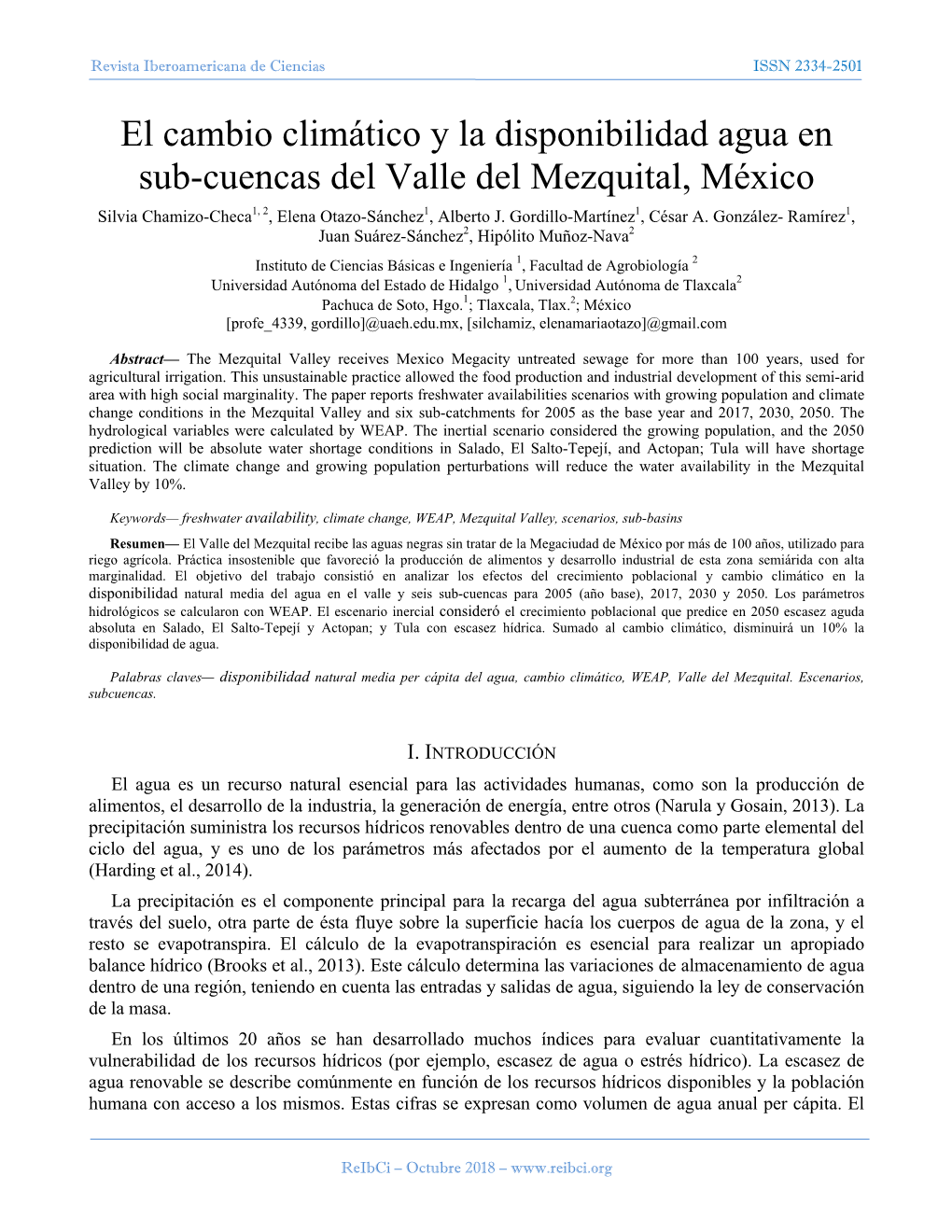 El Cambio Climático Y La Disponibilidad Agua En Sub-Cuencas Del Valle Del Mezquital, México Silvia Chamizo-Checa1, 2, Elena Otazo-Sánchez1, Alberto J