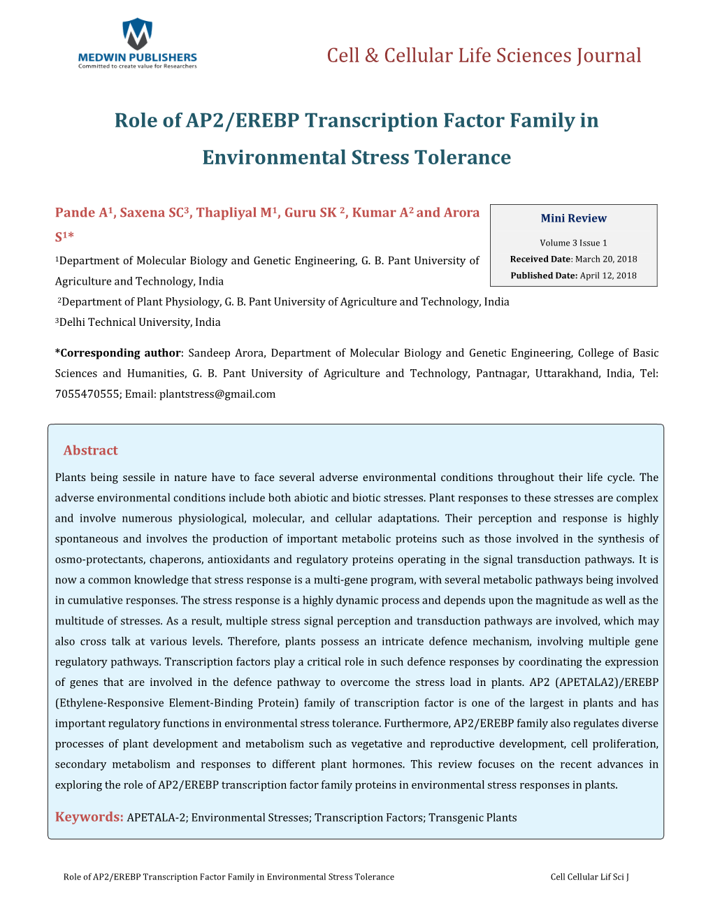 Role of AP2/EREBP Transcription Factor Family in Environmental Stress Tolerance