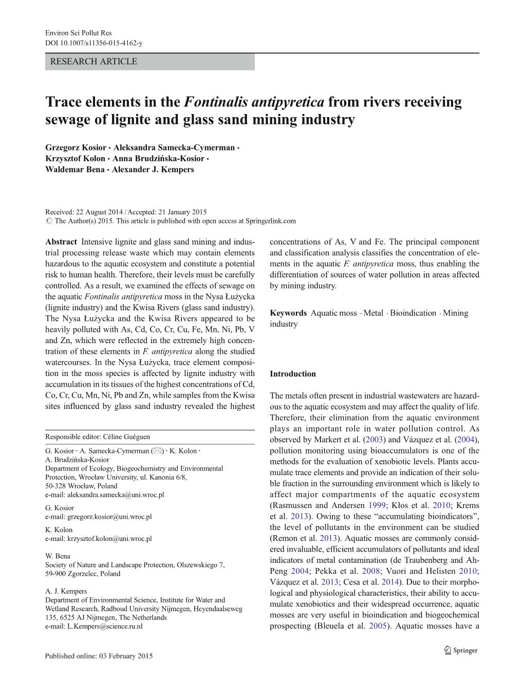 Trace Elements in the Fontinalis Antipyretica from Rivers Receiving Sewage of Lignite and Glass Sand Mining Industry