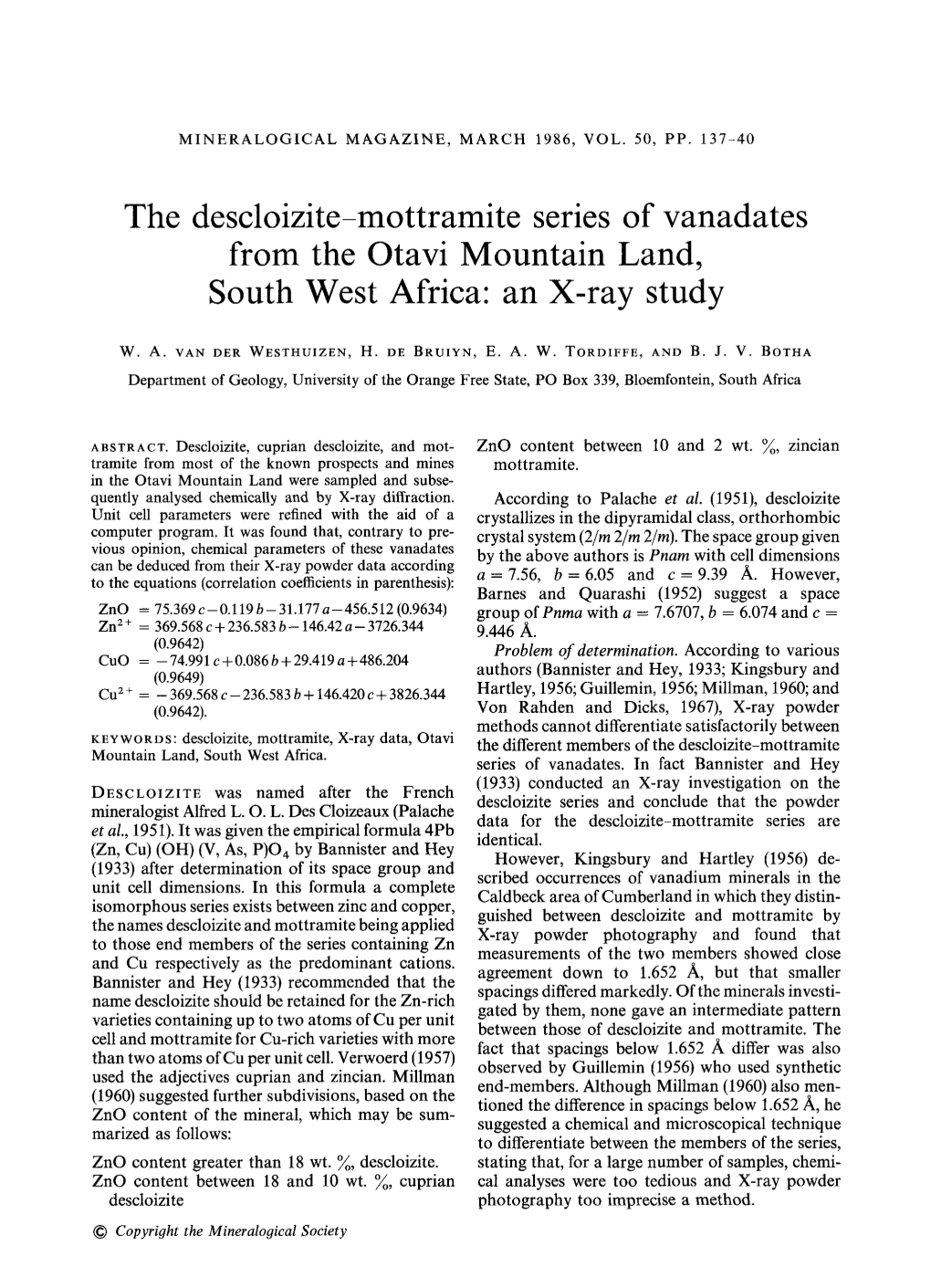 The Descloizite-Mottramite Series of Vanadates from the Otavi Mountain Land, South West Africa: an X-Ray Study