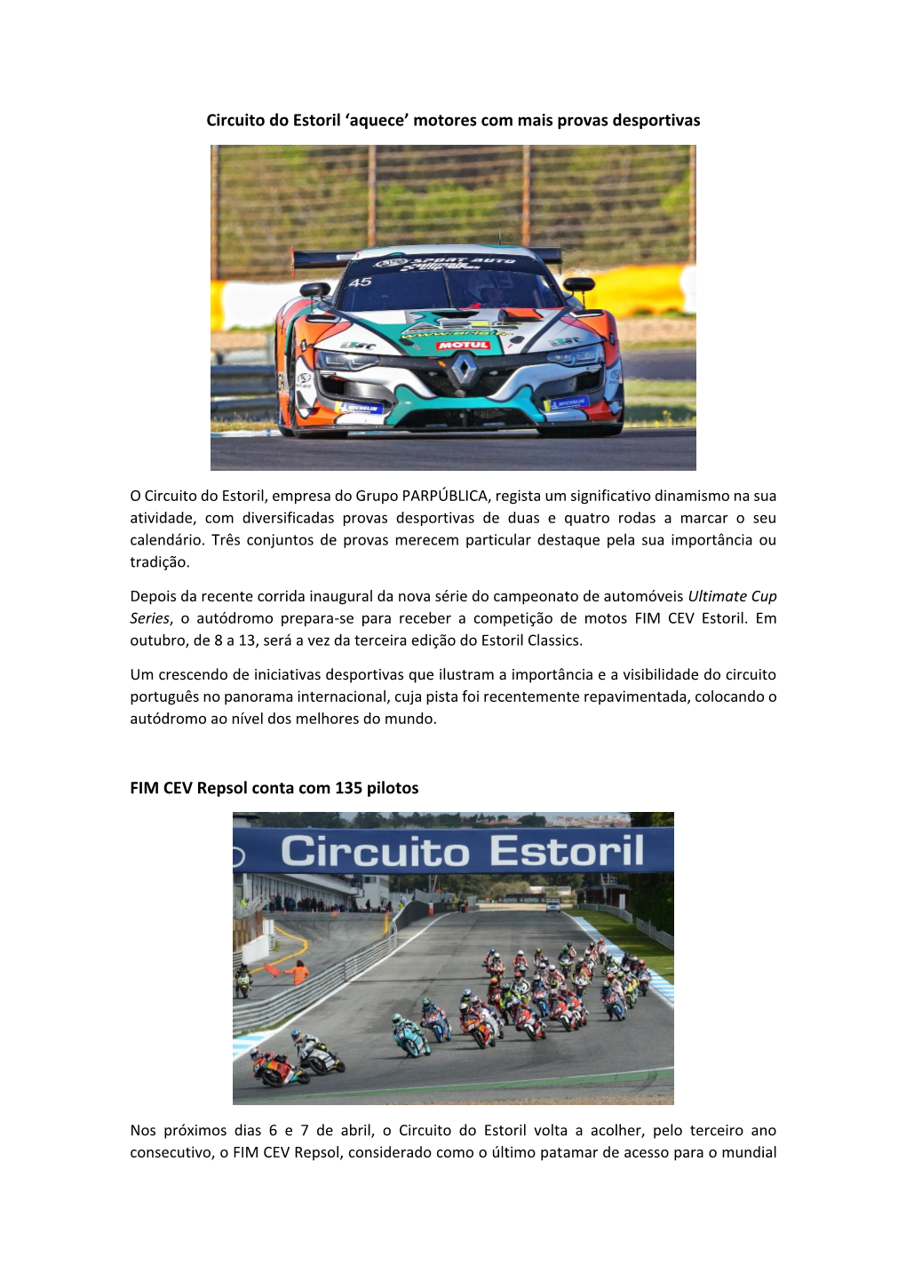 Circuito Do Estoril 'Aquece' Motores Com Mais Provas Desportivas FIM