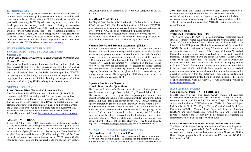 NUECES COASTAL BASIN Copano Bay I-Plan and TMDL for Bacteria In