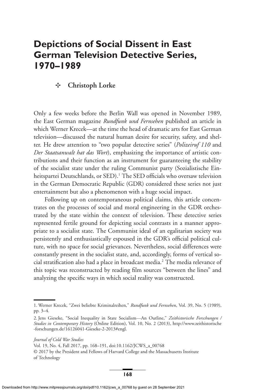 Depictions of Social Dissent in East German Television Detective Series, 1970–1989