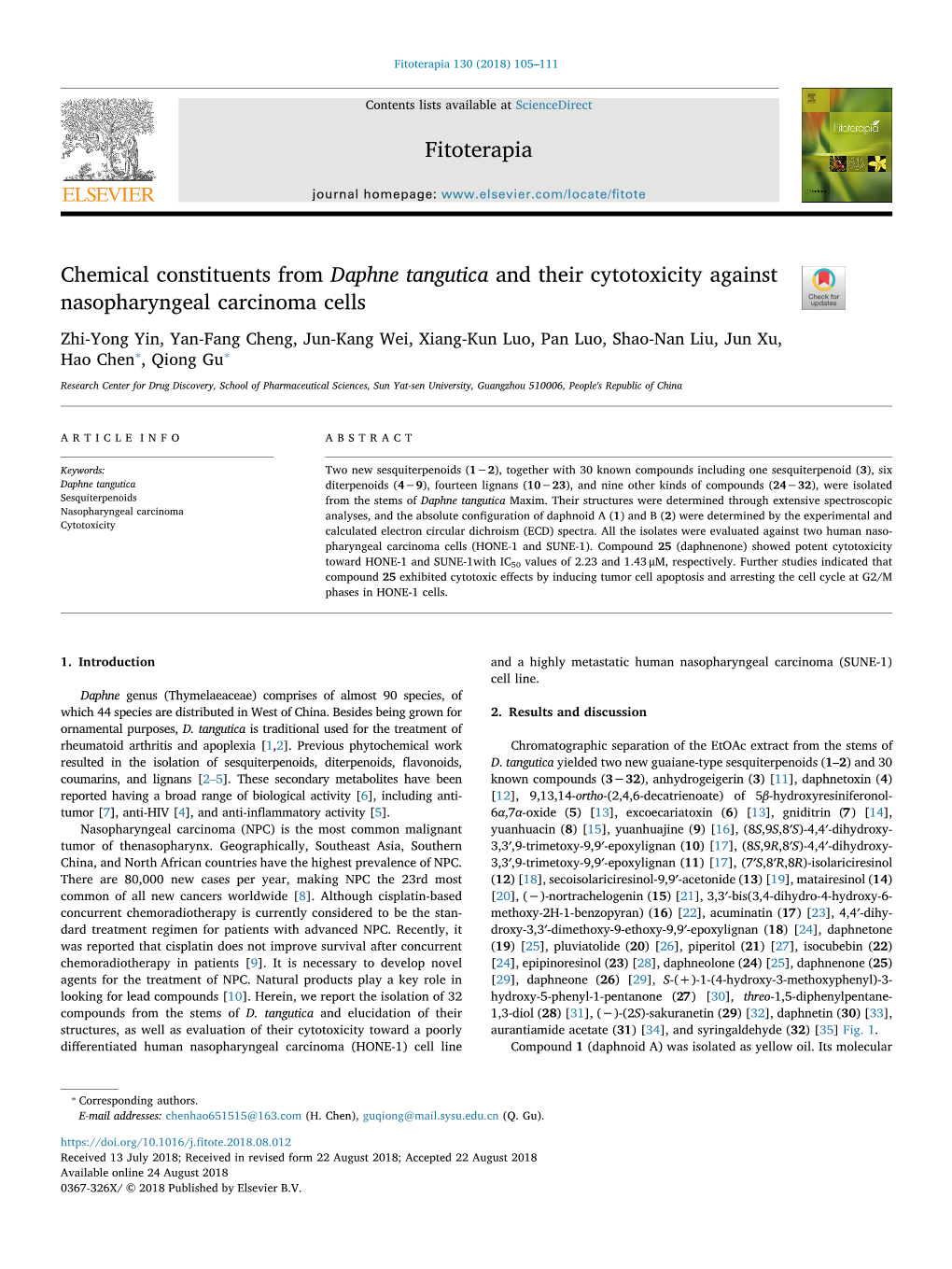 Chemical Constituents from Daphne Tangutica and Their Cytotoxicity Against Nasopharyngeal Carcinoma Cells T