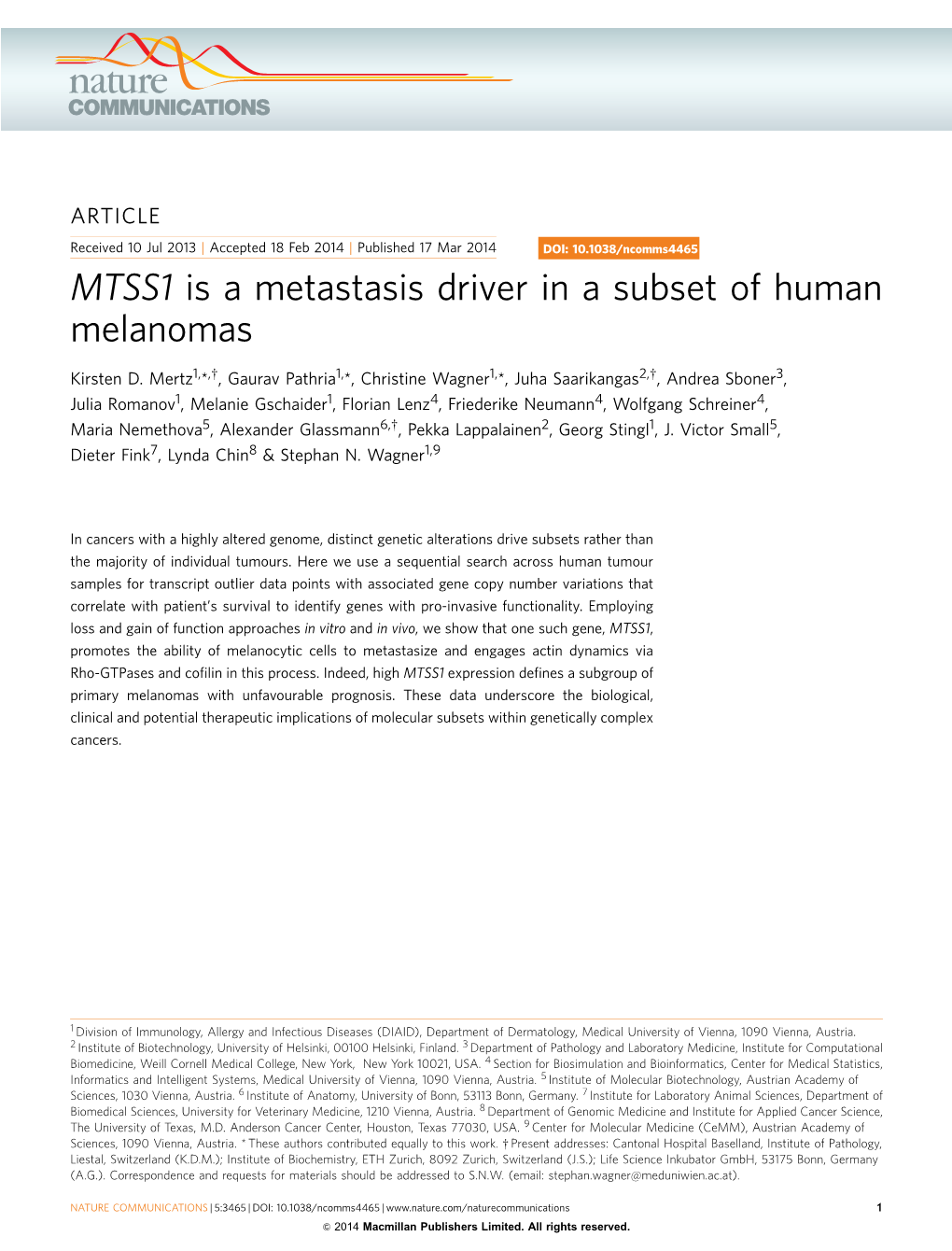 MTSS1 Is a Metastasis Driver in a Subset of Human Melanomas