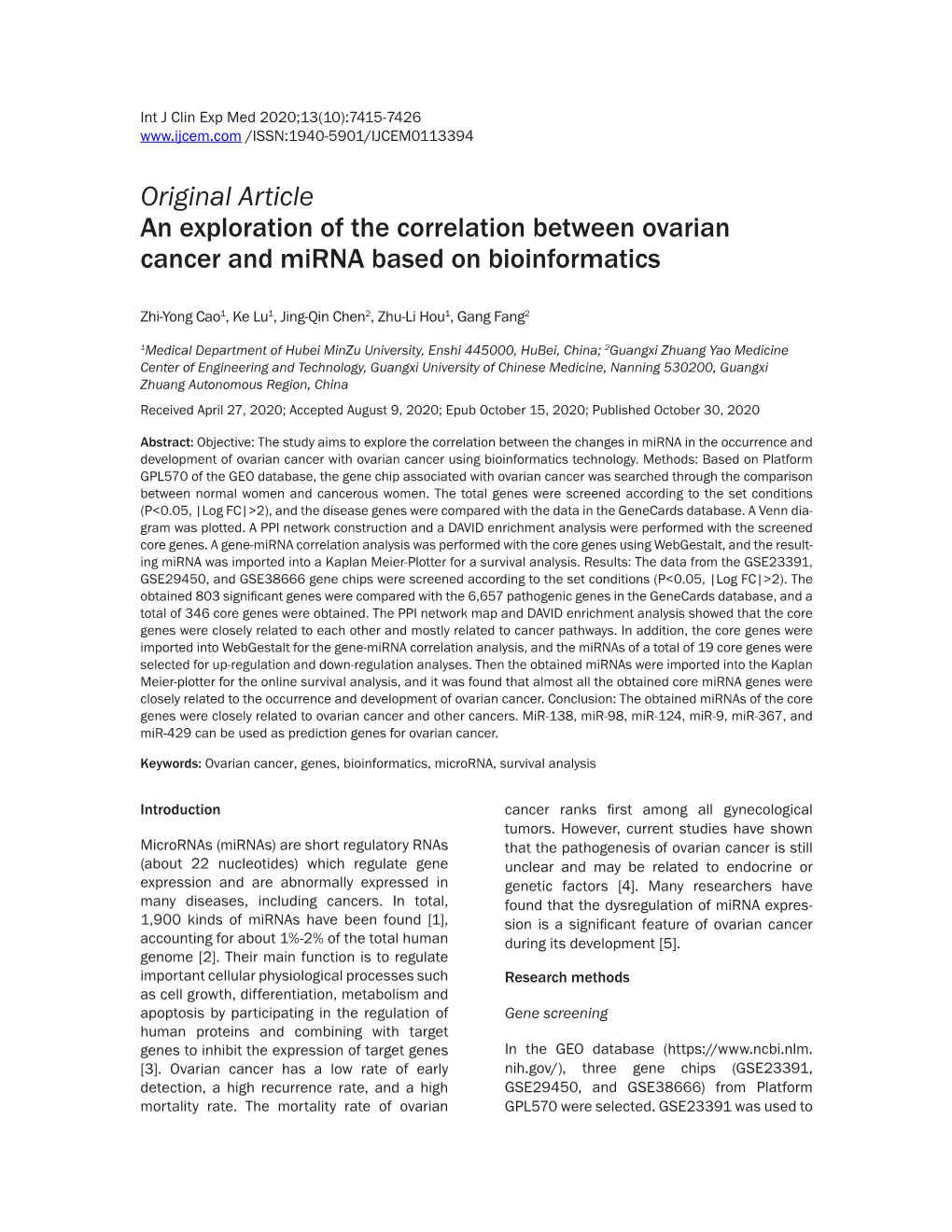 Original Article an Exploration of the Correlation Between Ovarian Cancer and Mirna Based on Bioinformatics