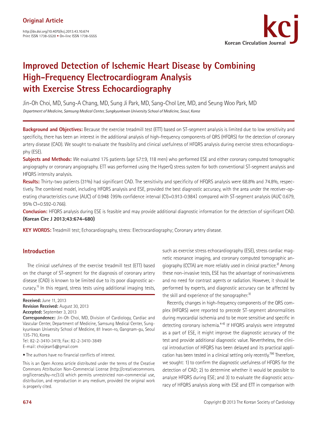 Improved Detection of Ischemic Heart Disease by Combining High-Frequency Electrocardiogram Analysis with Exercise Stress Echoc