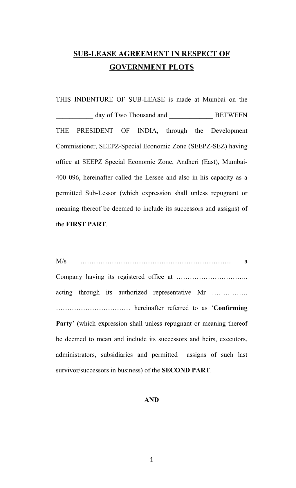 1 Sub-Lease Agreement in Respect of Government Plots