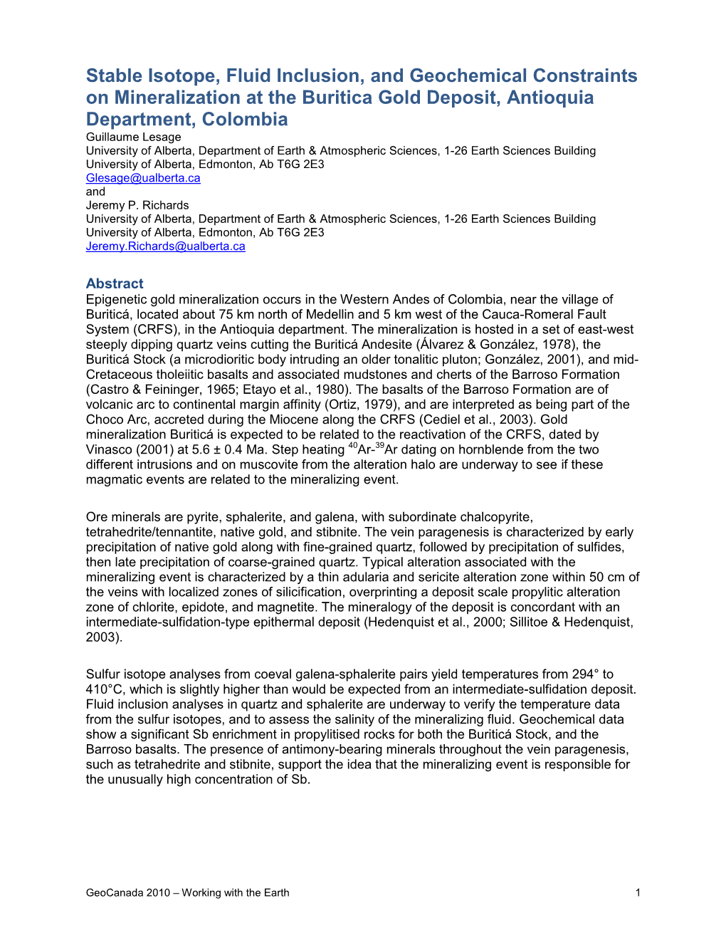 Stable Isotope, Fluid Inclusion, and Geochemical Constraints on Mineralization at the Buritica Gold Deposit, Antioquia Departmen