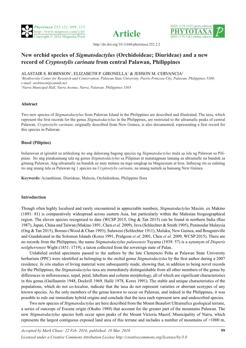 New Orchid Species of Sigmatodactylus (Orchidoideae; Diurideae) and a New Record of Cryptostylis Carinata from Central Palawan, Philippines