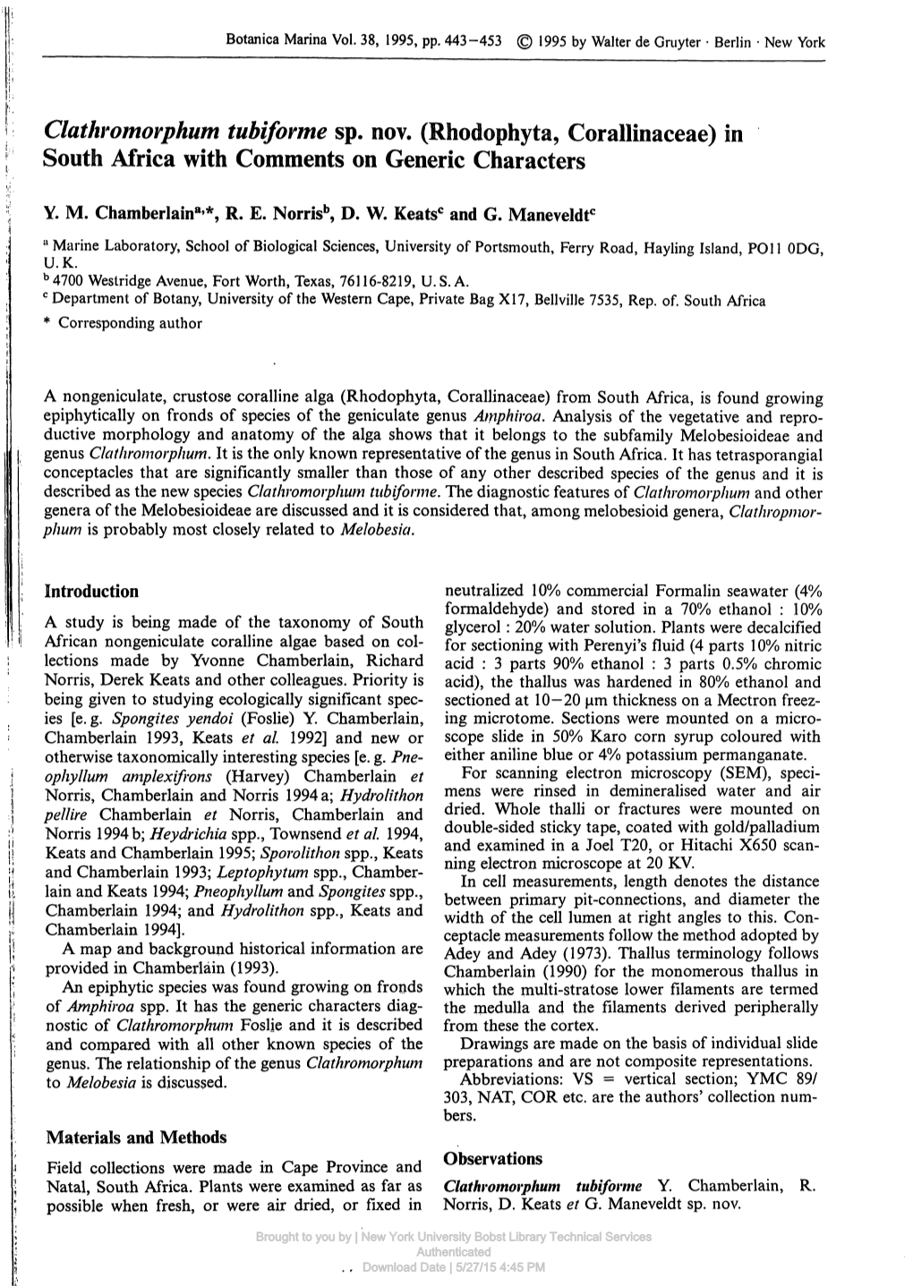 Clathromorphum Tubiforme Sp. Nov. (Rfaodophyta, Corallinaceae) in South Africa with Comments on Generic Characters