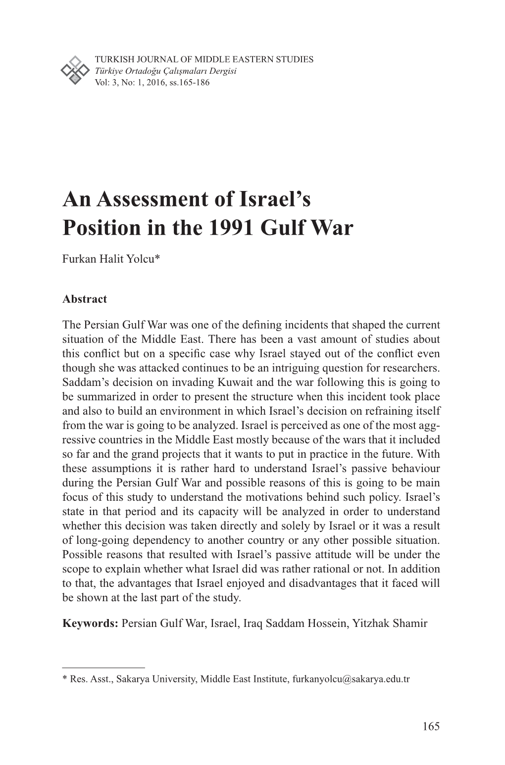 An Assessment of Israel's Position in the 1991 Gulf