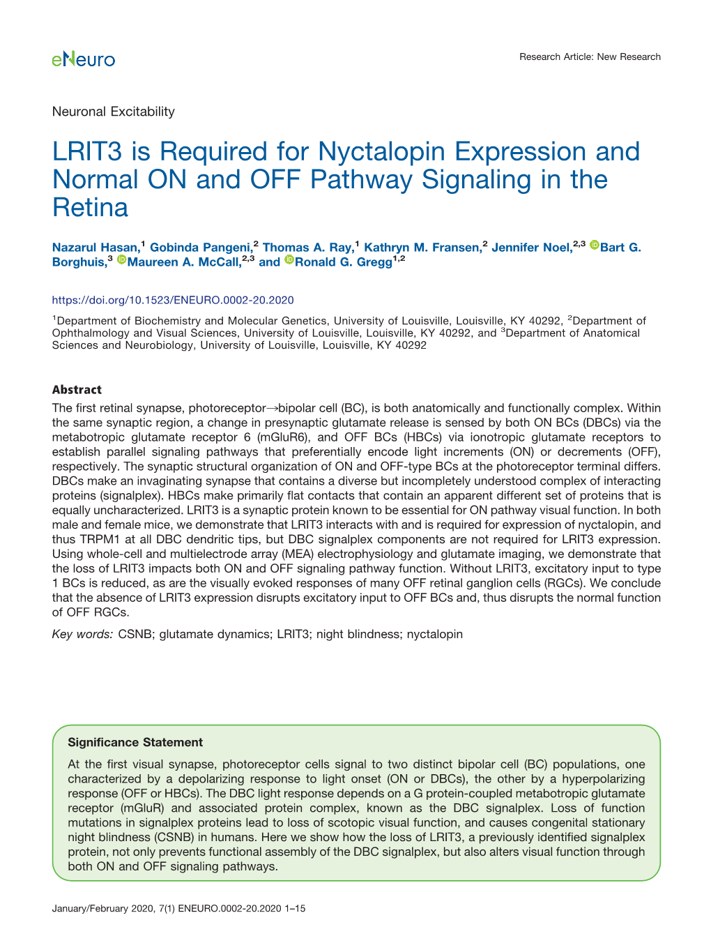 LRIT3 Is Required for Nyctalopin Expression and Normal on and OFF Pathway Signaling in the Retina