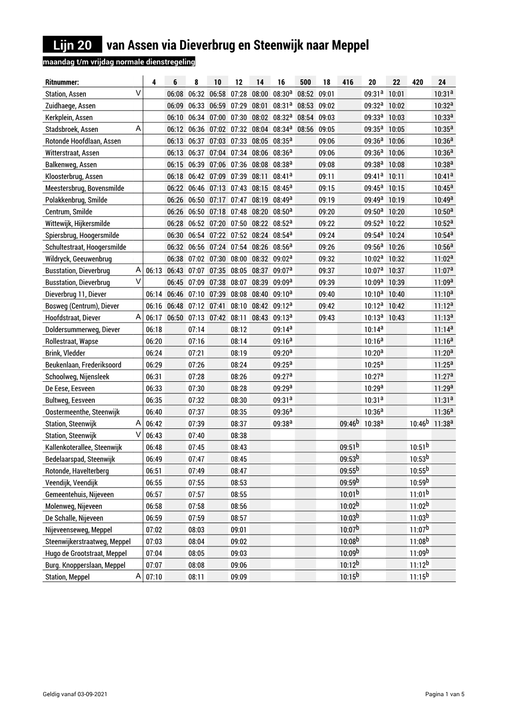 Lijn 20 Van Assen Via Dieverbrug En Steenwijk Naar Meppel Maandag T/M Vrijdag Normale Dienstregeling