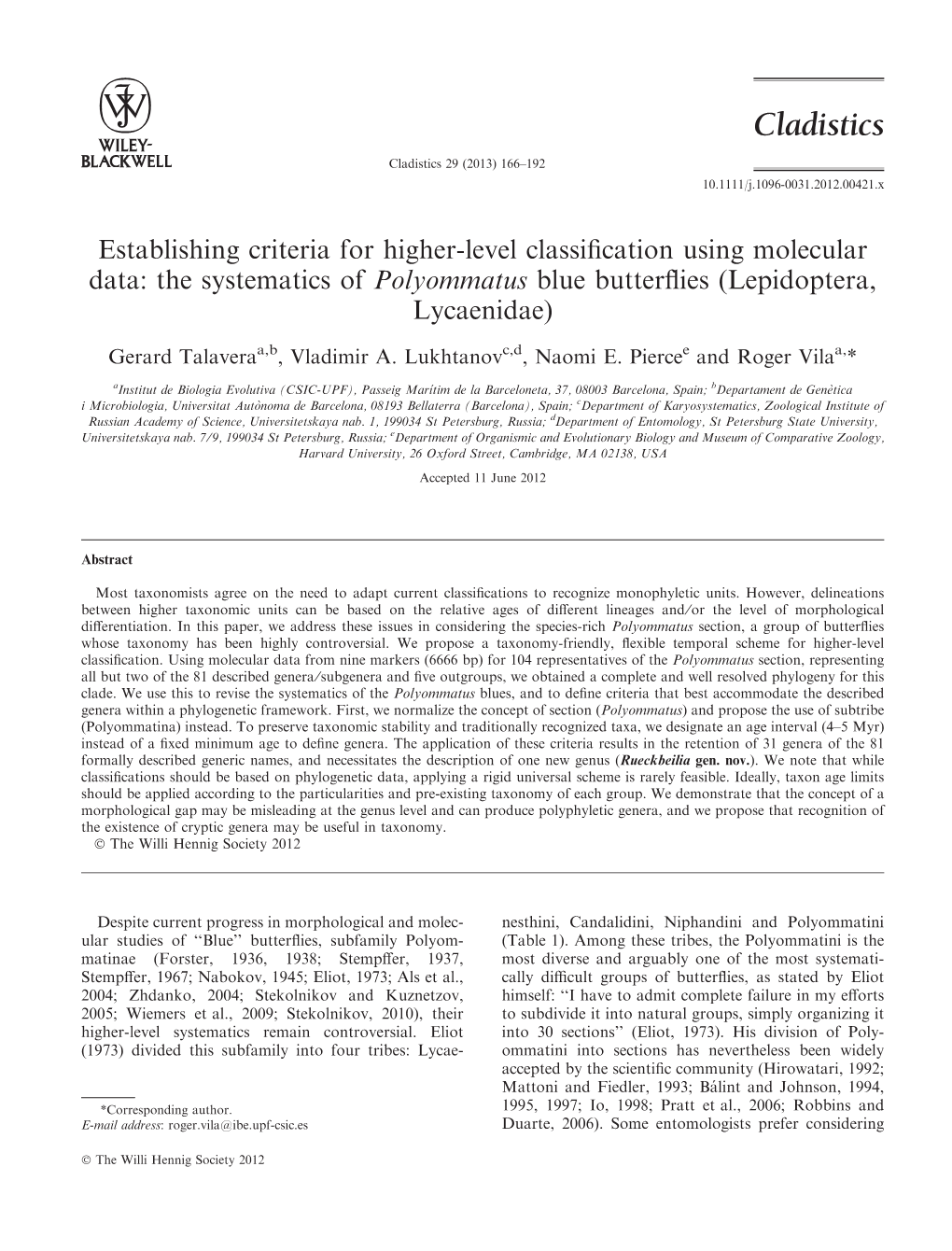 The Systematics of Polyommatus Blue Butterflies (Lepidoptera, Lycaenidae)