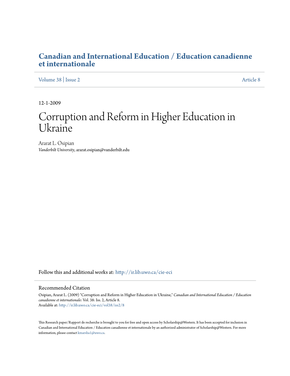 Corruption and Reform in Higher Education in Ukraine Ararat L