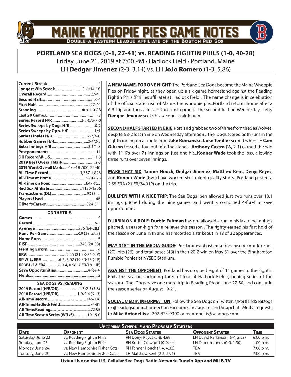 Vs. READING FIGHTIN PHILS (1-0, 40-28) Friday, June 21, 2019 at 7:00 PM • Hadlock Field • Portland, Maine LH Dedgar Jimenez (2-3, 3.14) Vs