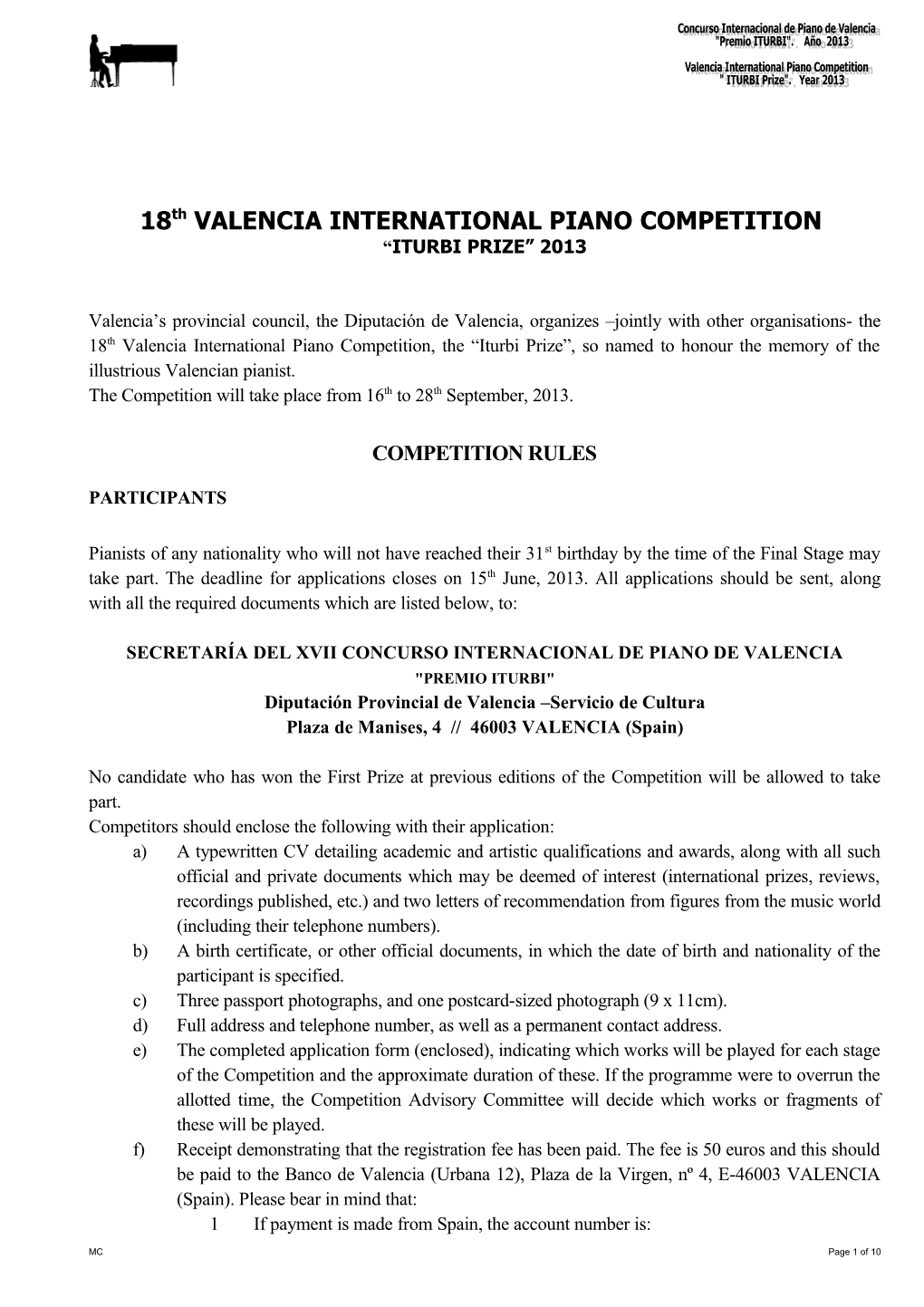 18Th VALENCIA INTERNATIONAL PIANO COMPETITION