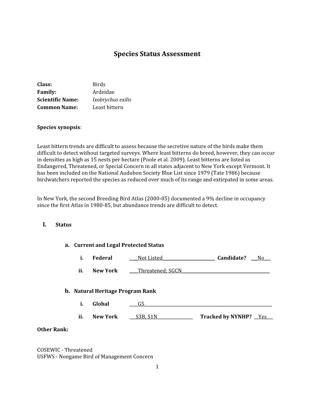 Species Assessment for Least Bittern