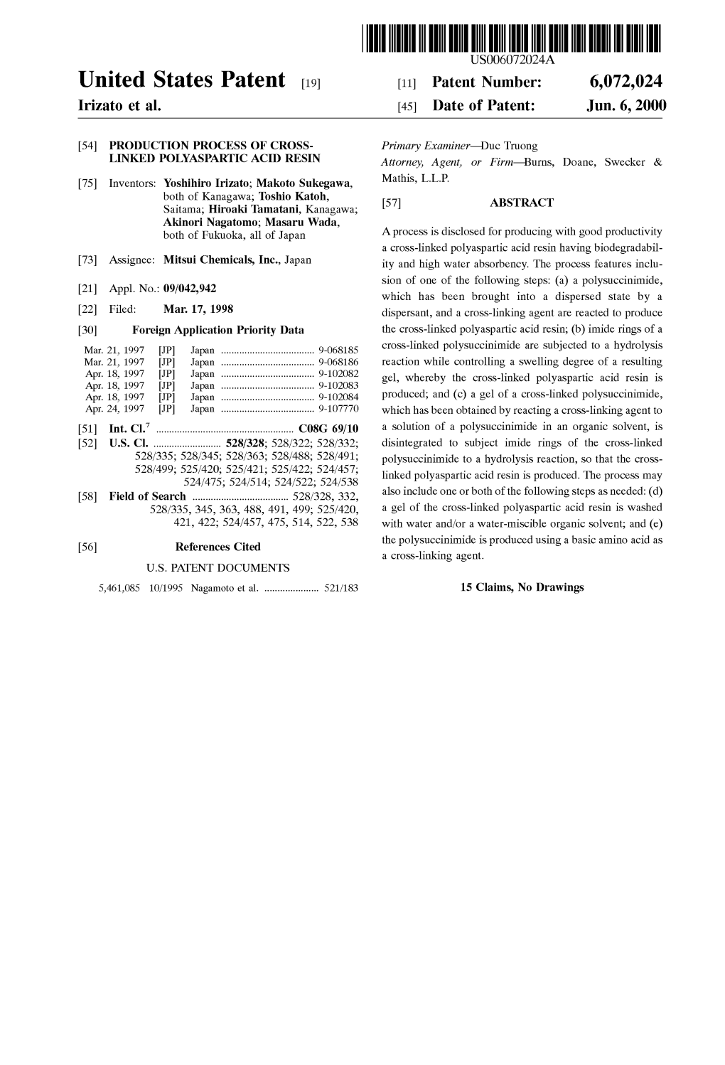 United States Patent (19) 11 Patent Number: 6,072,024 Irizato Et Al