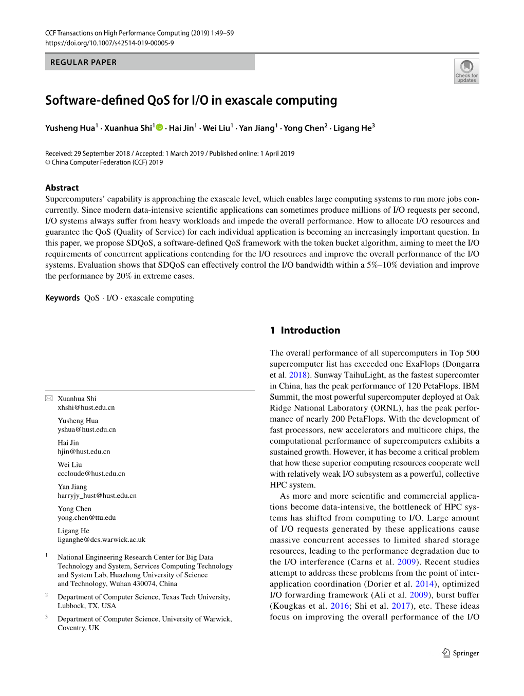 Software-Defined Qos for I/O in Exascale Computing