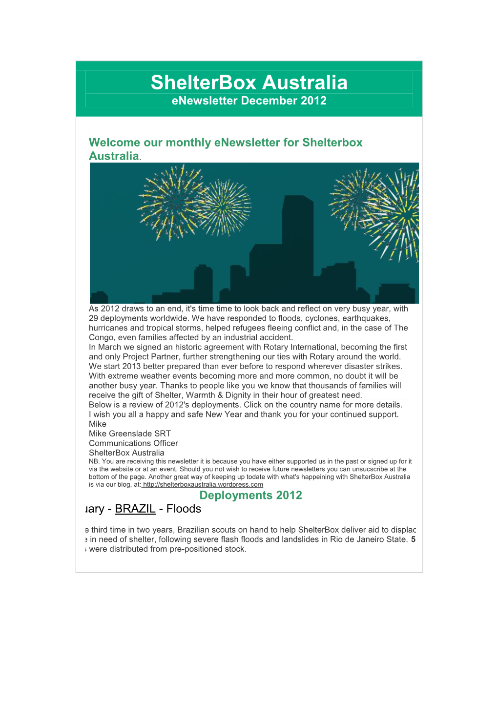 Shelterbox Australia Enewsletter December 2012