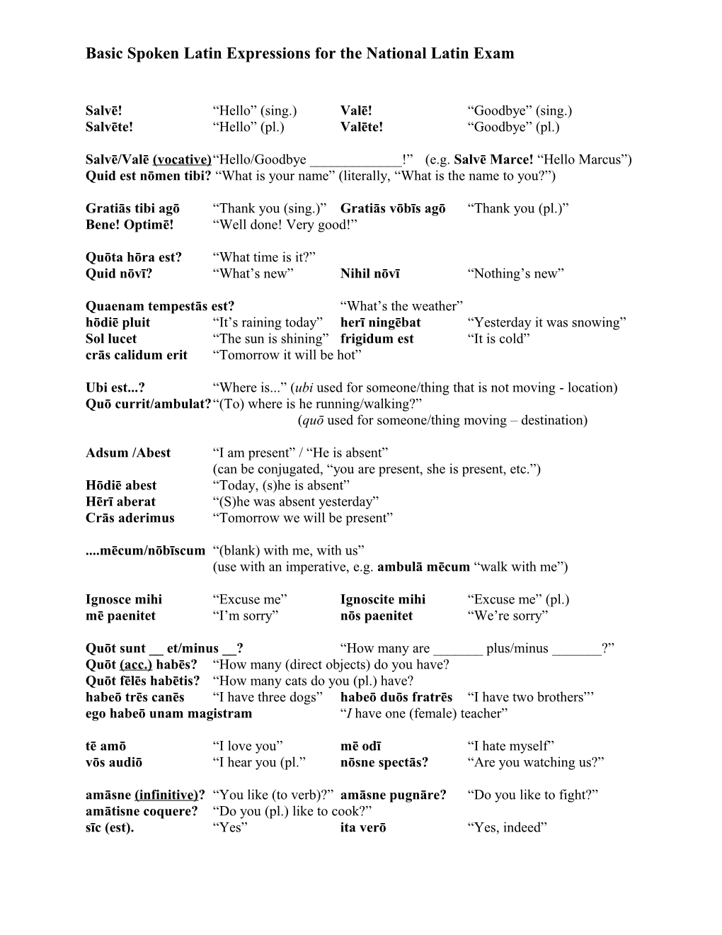 Basic Spoken Latin Expressions for the National Latin Exam