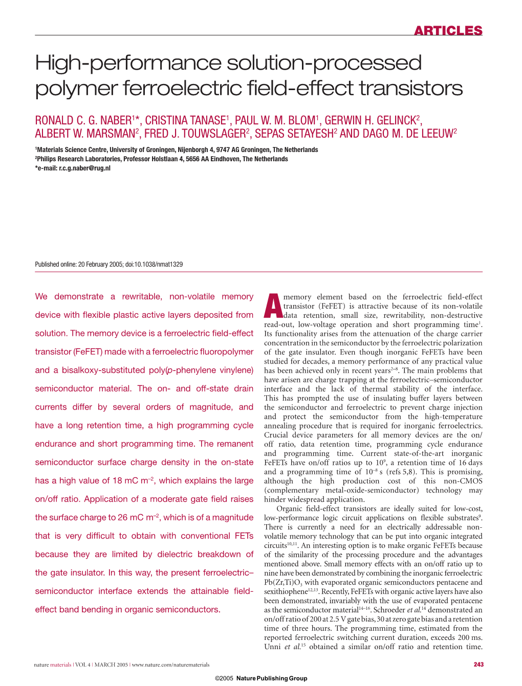 High-Performance Solution-Processed Polymer Ferroelectric Field-Effect