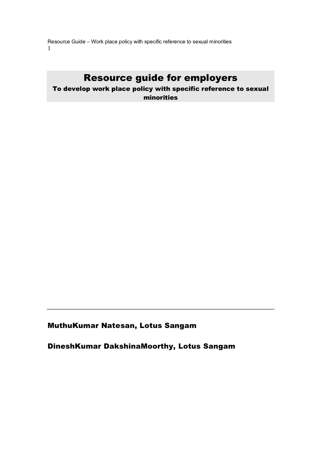 Resource Guide for Employers to Develop Work Place Policy with Specific Reference to Sexual Minorities