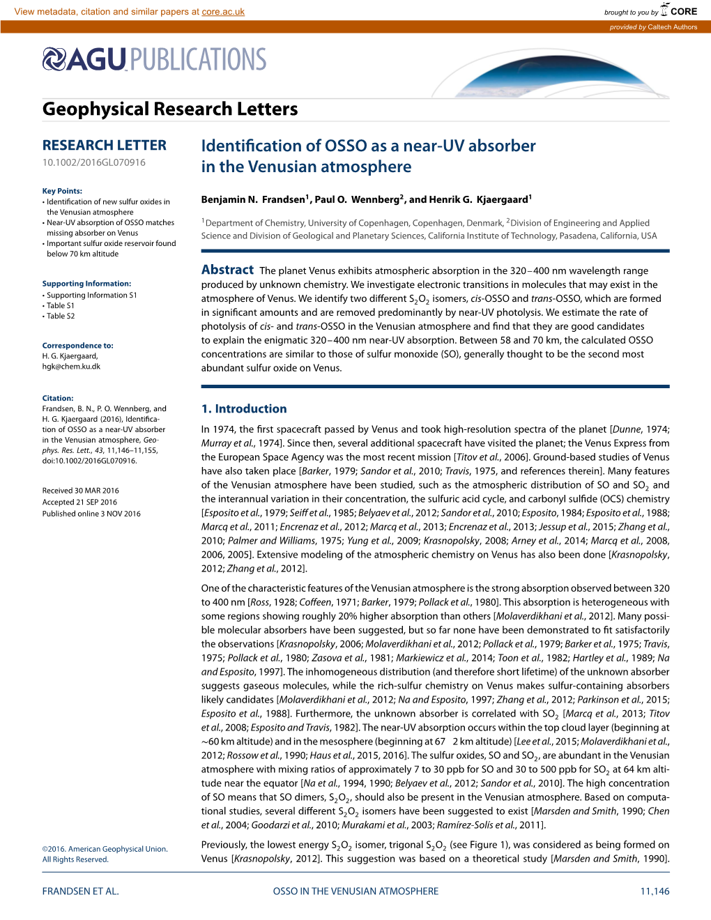 Identification of OSSO As a Near-UV Absorber in the Venusian Atmosphere
