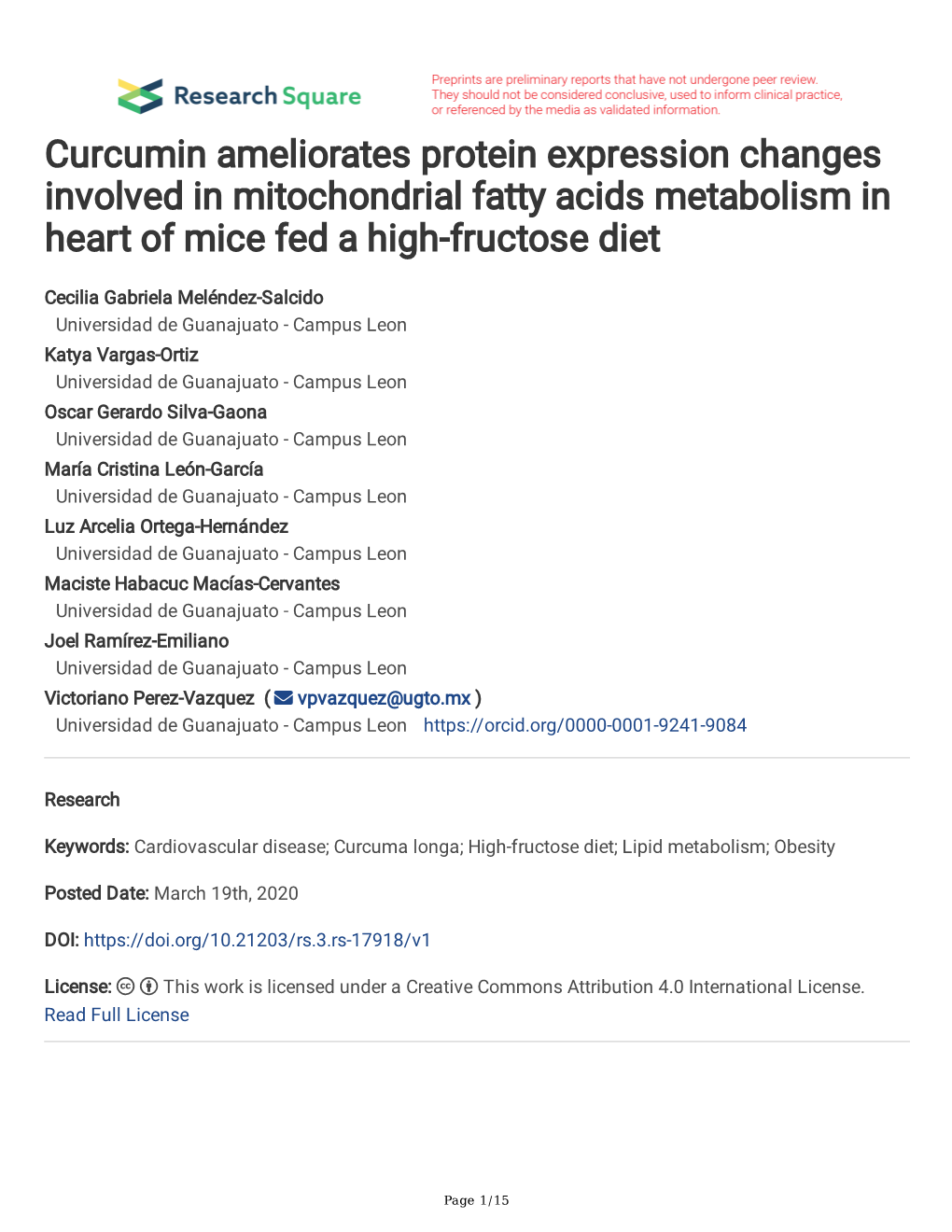 Curcumin Ameliorates Protein Expression Changes Involved in Mitochondrial Fatty Acids Metabolism in Heart of Mice Fed a High-Fructose Diet