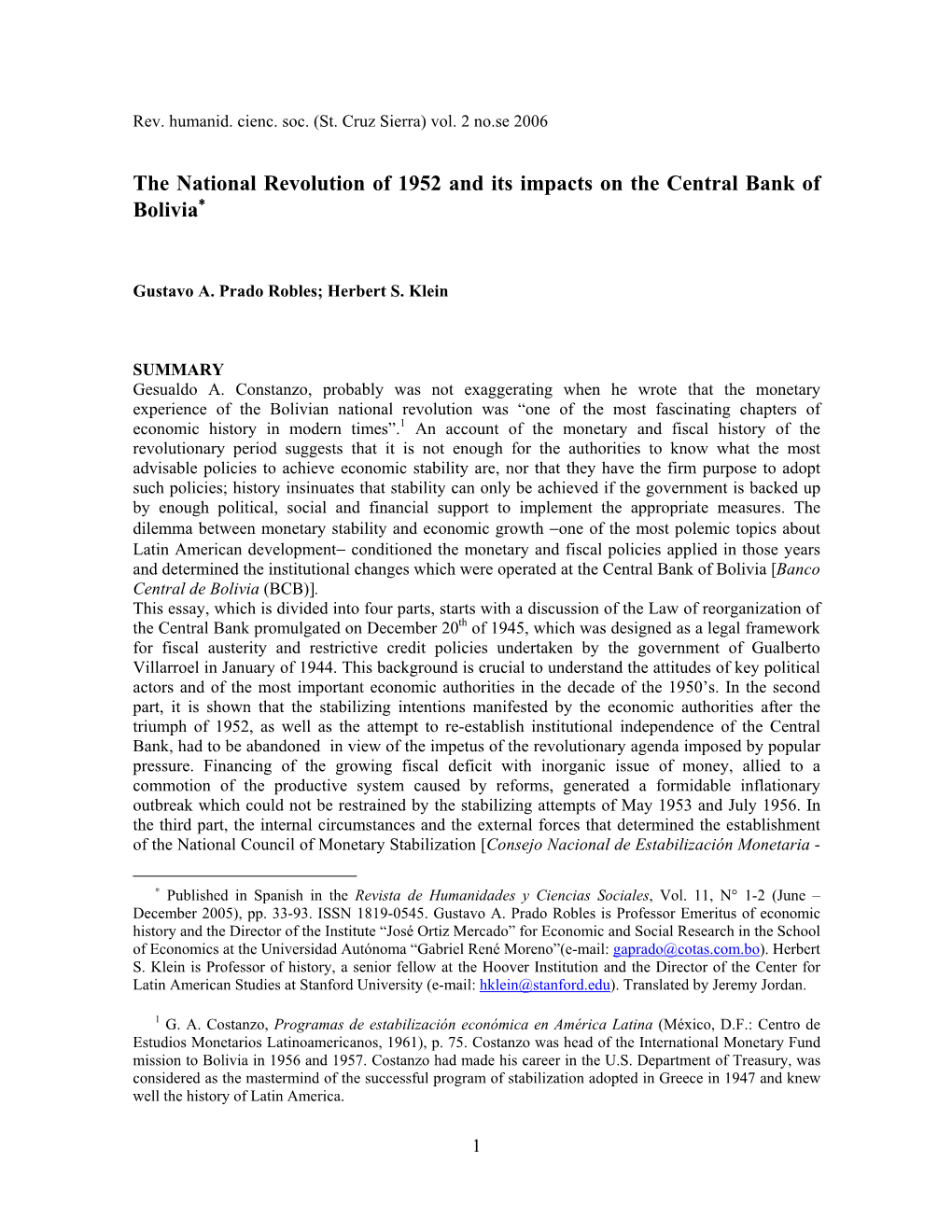 The National Revolution of 1952 and Its Impacts on the Central Bank of ∗ Bolivia∗