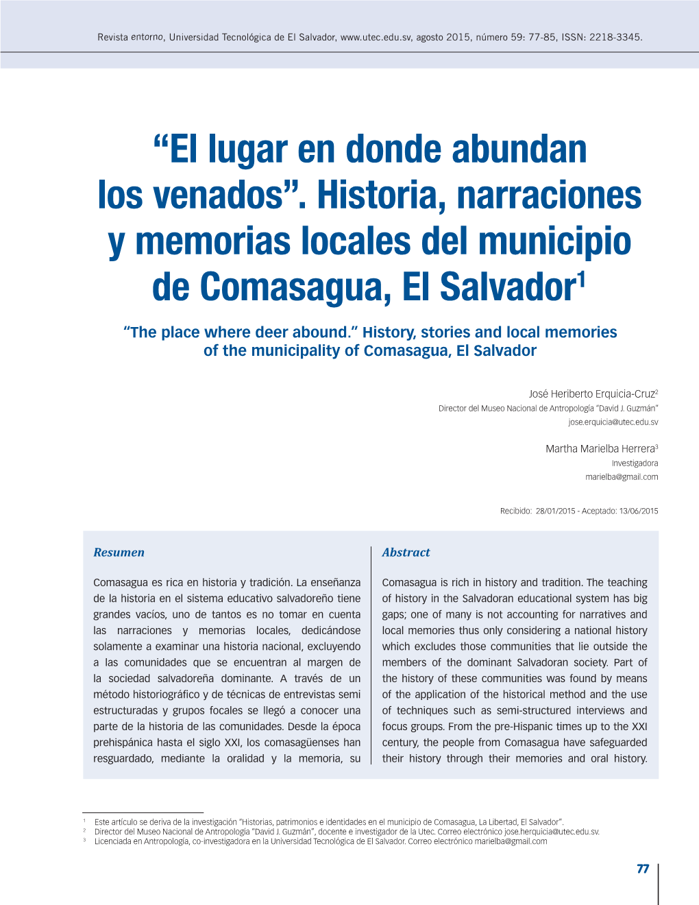 Historia, Narraciones Y Memorias Locales Del Municipio De Comasagua, El Salvador1