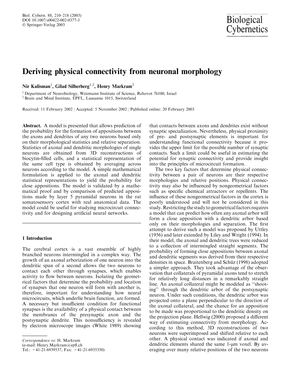 Deriving Physical Connectivity from Neuronal Morphology