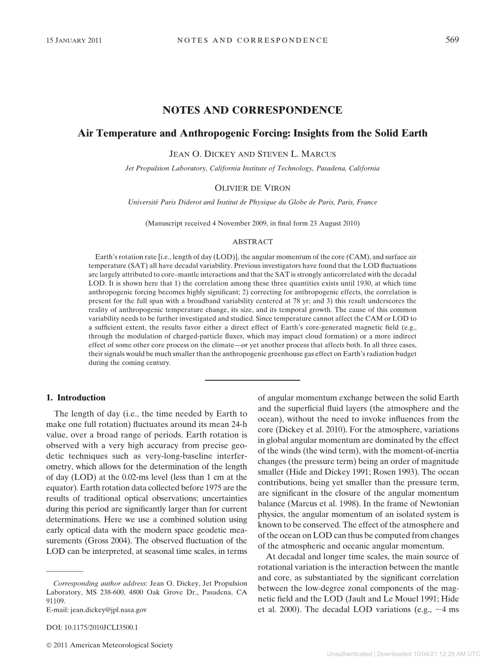 NOTES and CORRESPONDENCE Air Temperature and Anthropogenic