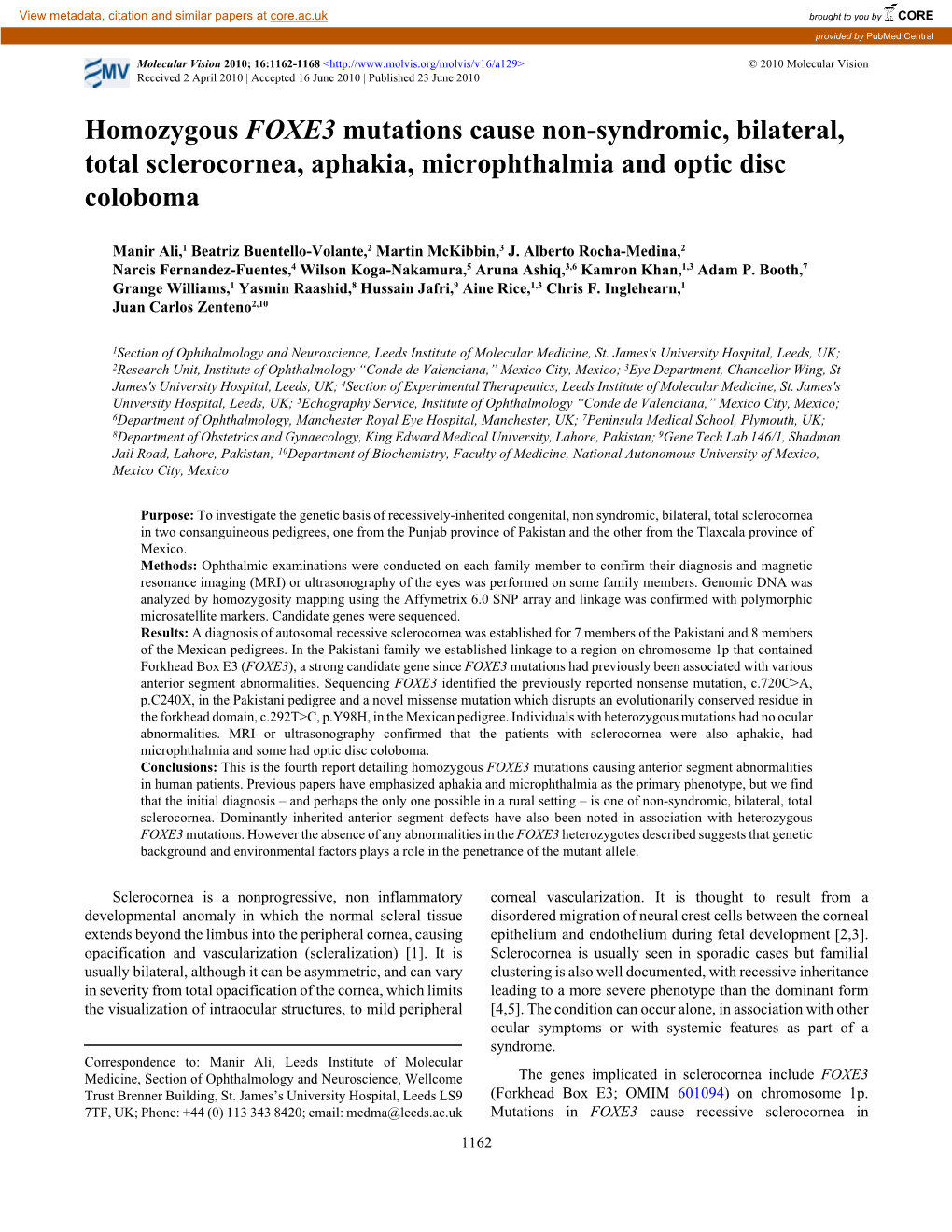 Homozygous FOXE3 Mutations Cause Non-Syndromic, Bilateral, Total Sclerocornea, Aphakia, Microphthalmia and Optic Disc Coloboma