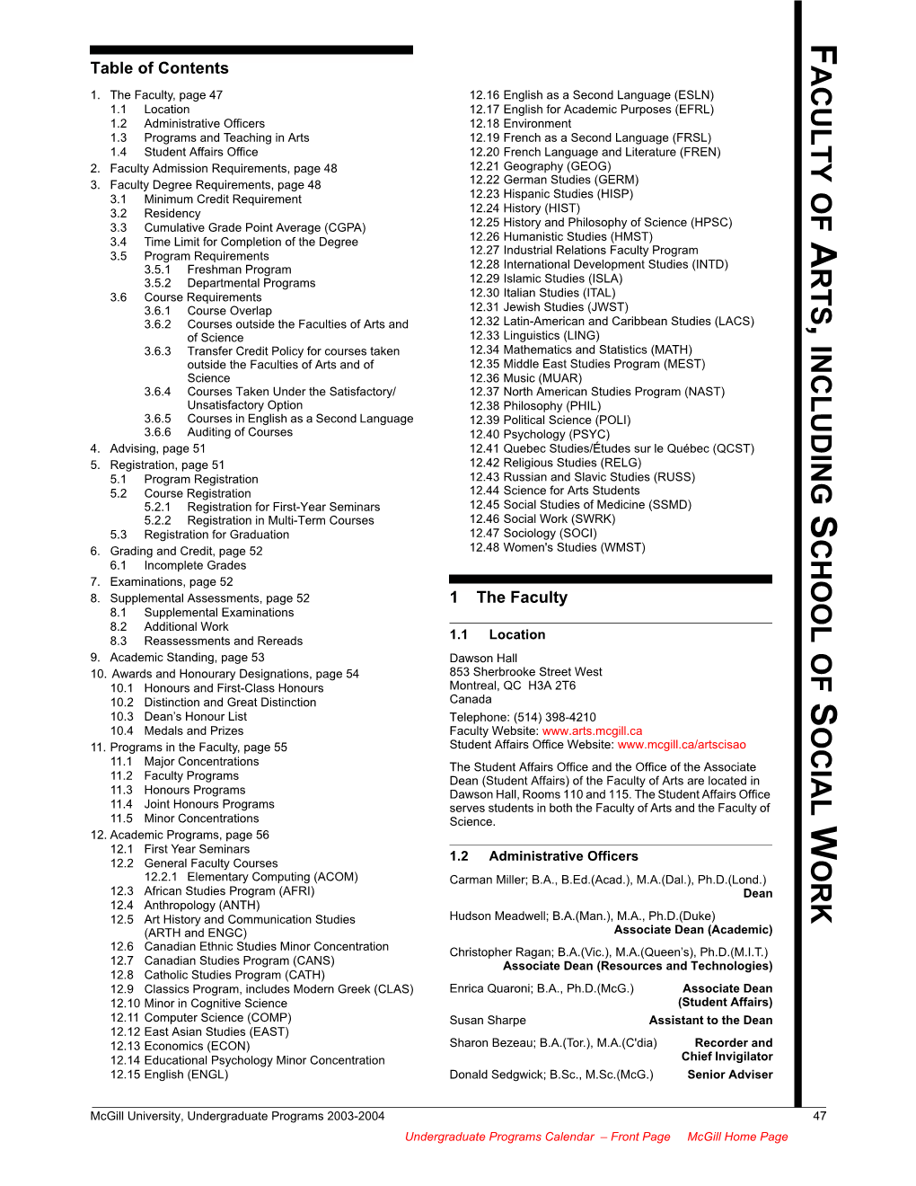 Faculty of Arts, Mcgill Undergraduate Programs Calendar 2003-04