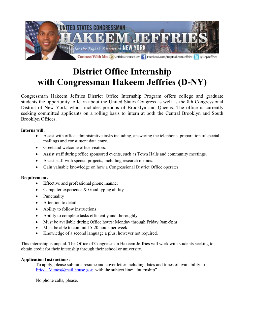 District Office Internship with Congressman Hakeem Jeffries (D-NY)