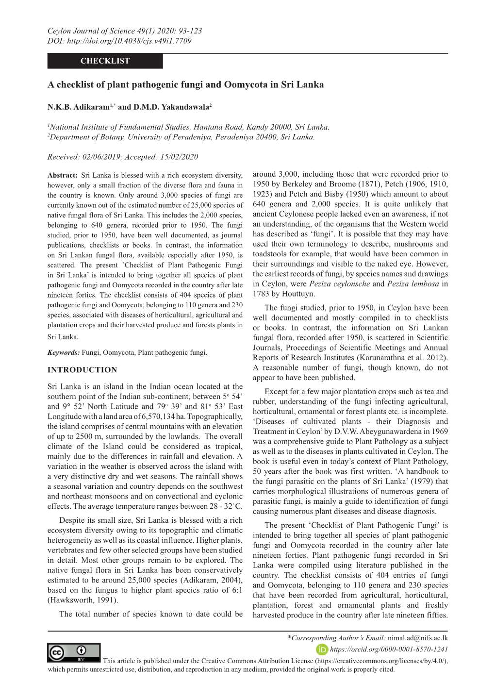 A Checklist of Plant Pathogenic Fungi and Oomycota in Sri Lanka