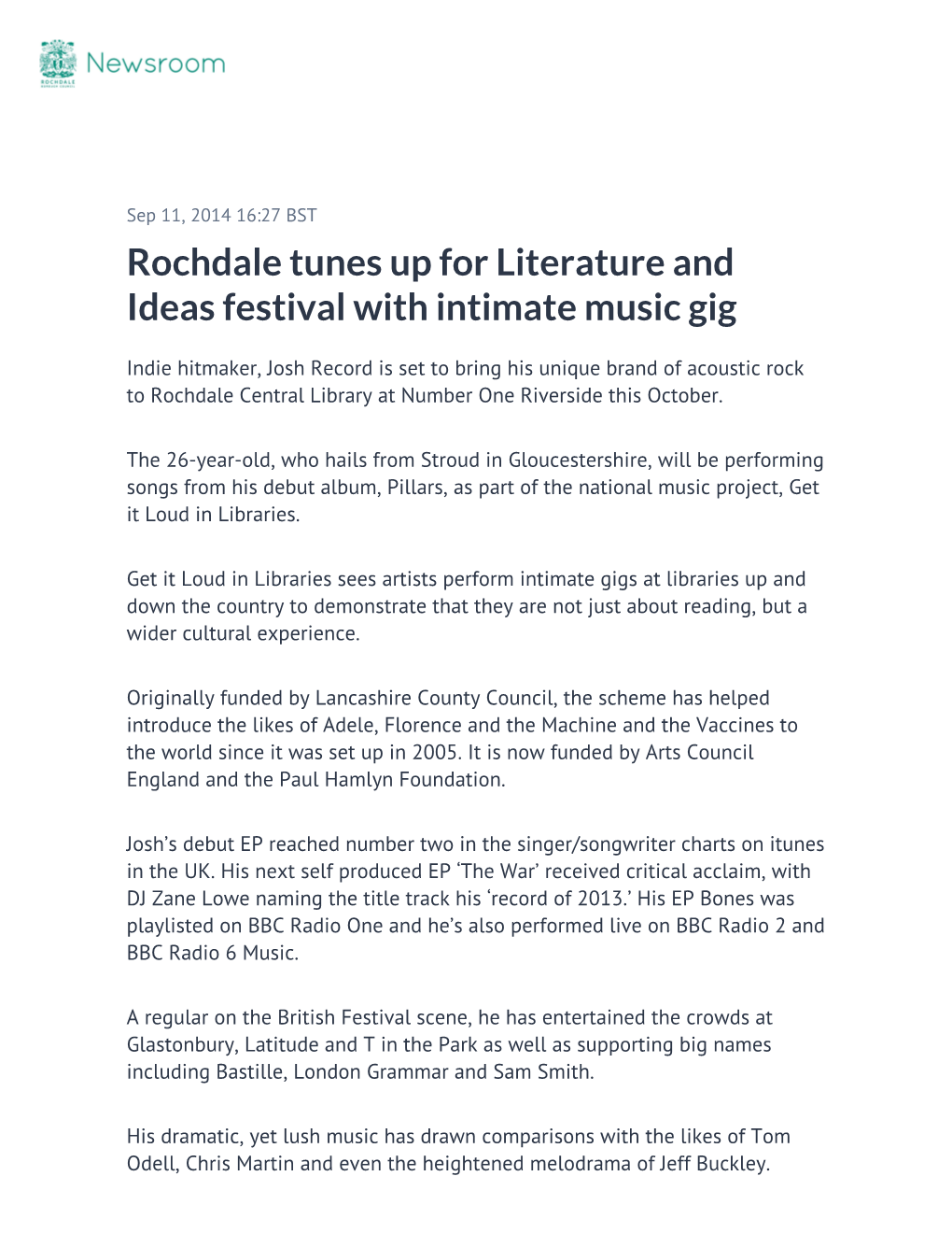Rochdale Tunes up for Literature and Ideas Festival with Intimate Music Gig