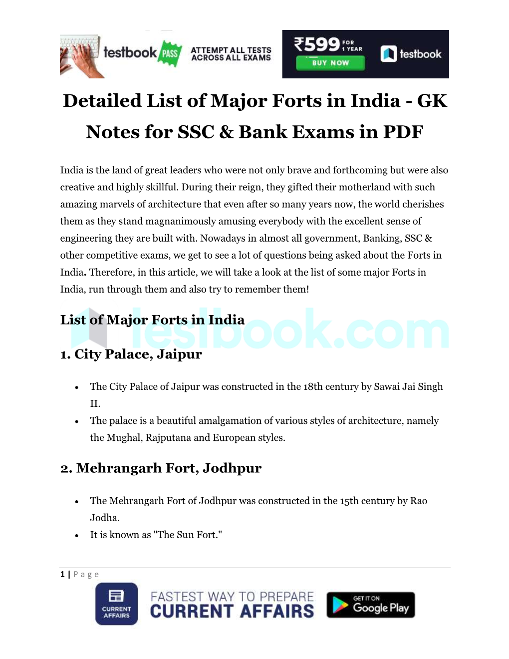 Detailed List of Major Forts in India - GK Notes for SSC & Bank Exams in PDF