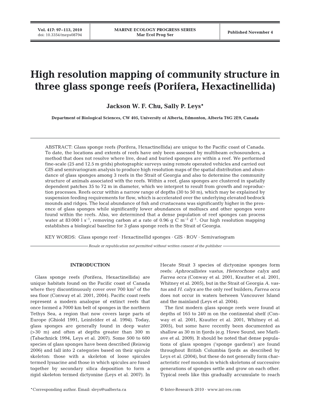 High Resolution Mapping of Community Structure in Three Glass Sponge Reefs (Porifera, Hexactinellida)